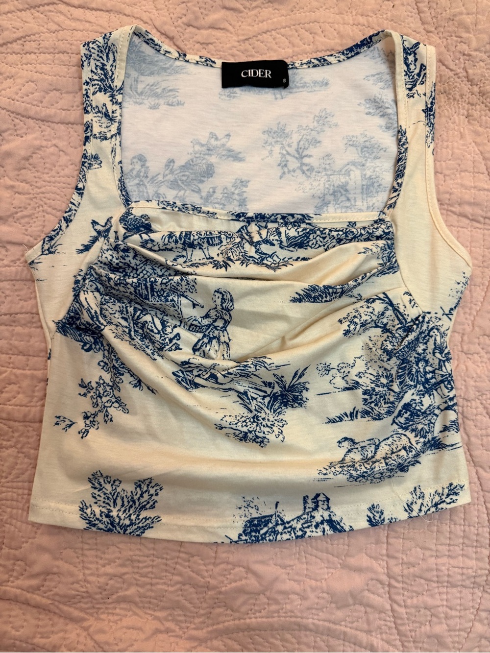 Cider Cream Tank Top with Blue Toile Print and Ruched Neckline